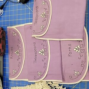 Vintage Embroidery Silverware Pouches Teaspoon Knives Tablespoon Forks Set of 4